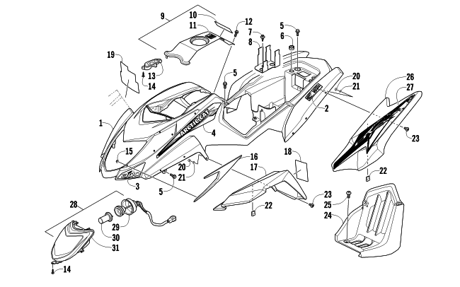 Parts Diagram for Arctic Cat 2011 300 DVX ATV BODY PANEL AND HEADLIGHT ASSEMBLY
