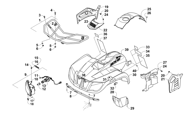 Parts Diagram for Arctic Cat 2011 350 CR ATV FRONT BODY, RACK, AND HEADLIGHT ASSEMBLY