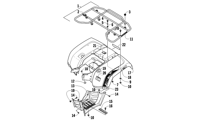 Parts Diagram for Arctic Cat 2012 700 ATV REAR RACK, BODY PANEL, AND FOOTWELL ASSEMBLIES