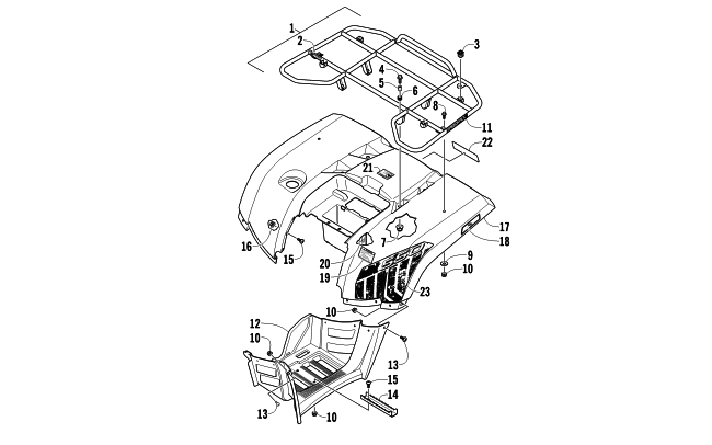 Parts Diagram for Arctic Cat 2012 550 ATV REAR RACK, BODY PANEL, AND FOOTWELL ASSEMBLIES
