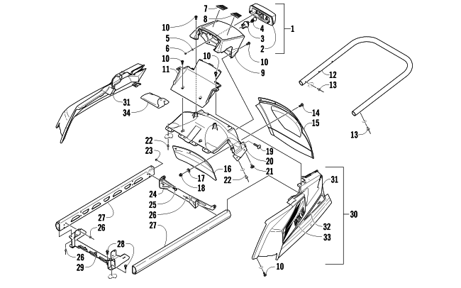 Parts Diagram for Arctic Cat 2012 TZ1 SNOWMOBILE REAR BUMPER, RACK RAIL, SNOWFLAP, AND TAILLIGHT ASSEMBLY