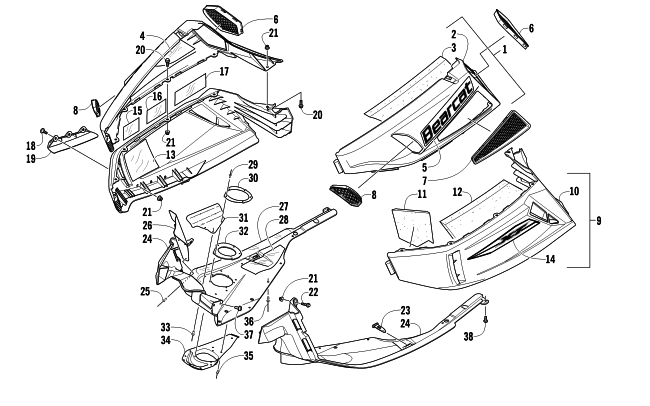 Parts Diagram for Arctic Cat 2012 BEARCAT 570 XT SNOWMOBILE SKID PLATE AND SIDE PANEL ASSEMBLY