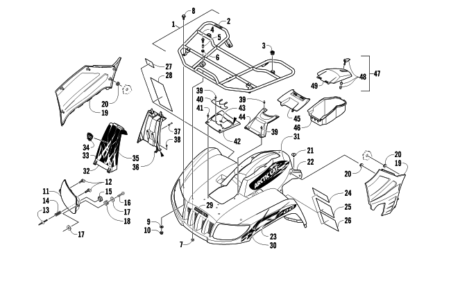 Parts Diagram for Arctic Cat 2012 700 MUD PRO ATV FRONT RACK, BODY PANEL, AND HEADLIGHT ASSEMBLIES