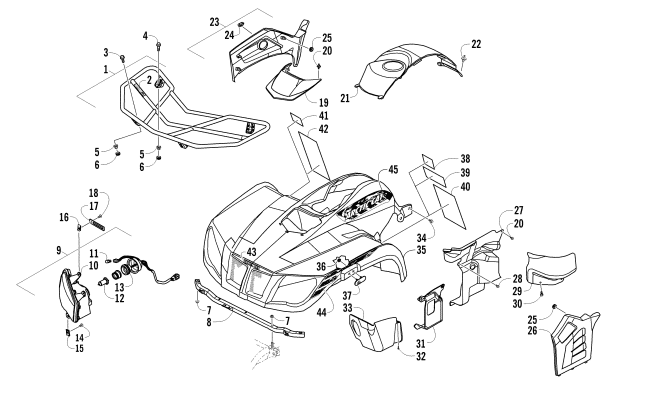 Parts Diagram for Arctic Cat 2012 425 CR ATV FRONT RACK, BODY PANEL, AND HEADLIGHT ASSEMBLIES