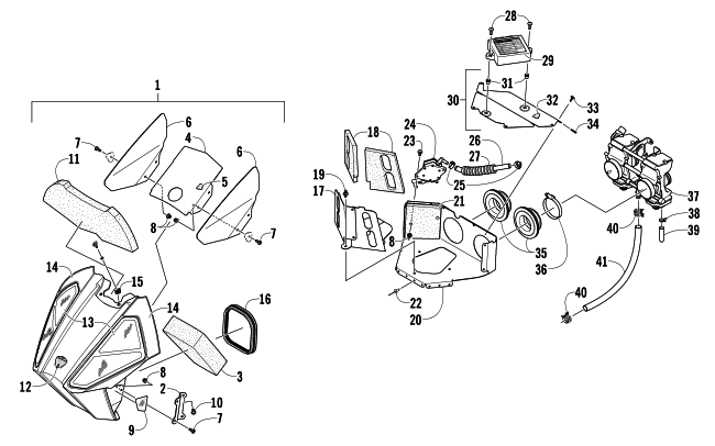 Parts Diagram for Arctic Cat 2012 SNO PRO 600 SNOWMOBILE AIR SILENCER, CARBURETOR, AND FUEL PUMP ASSEMBLY