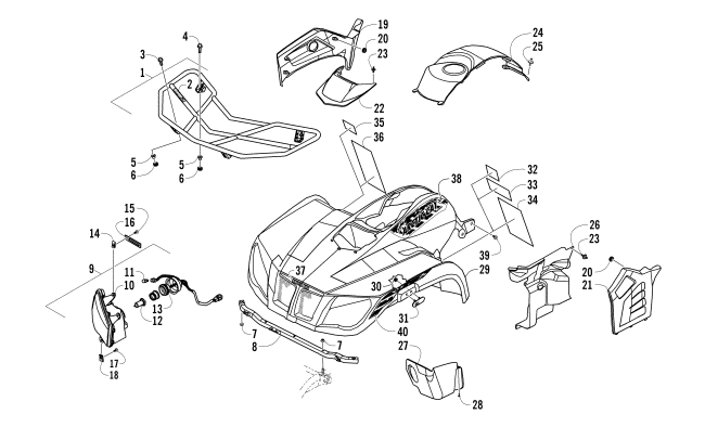 Parts Diagram for Arctic Cat 2012 350 CR ATV FRONT BODY, RACK, AND HEADLIGHT ASSEMBLY