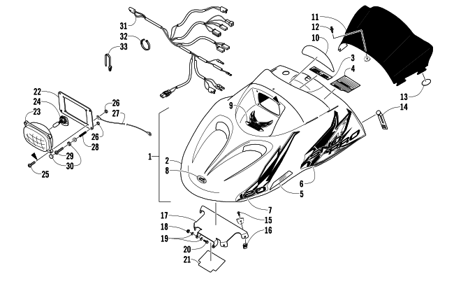 Parts Diagram for Arctic Cat 2013 AC SNO PRO 120 SNOWMOBILE HOOD, HEADLIGHT, AND WINDSHIELD ASSEMBLY
