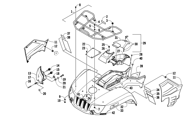 Parts Diagram for Arctic Cat 2013 550 ATV FRONT RACK, BODY PANEL, AND HEADLIGHT ASSEMBLIES