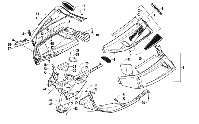 Parts Diagram for Arctic Cat 2013 BEARCAT 570 XT SNOWMOBILE SKID PLATE AND SIDE PANEL ASSEMBLY
