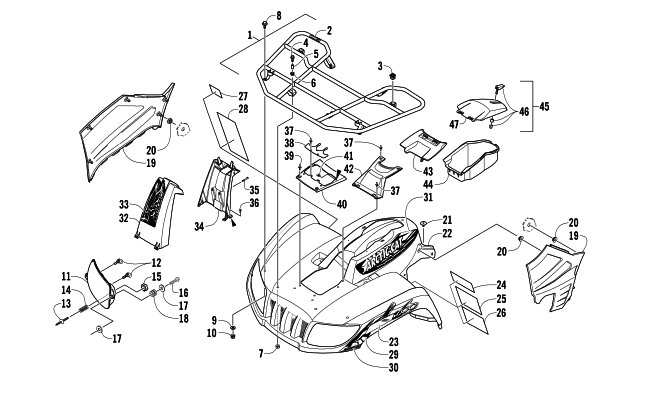 Parts Diagram for Arctic Cat 2013 700 MUD PRO ATV FRONT RACK, BODY PANEL, AND HEADLIGHT ASSEMBLIES