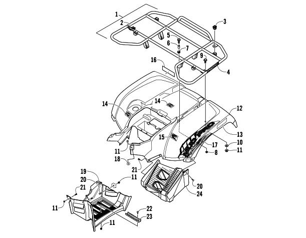 Parts Diagram for Arctic Cat 2013 1000 MUD PRO ATV REAR RACK, BODY PANEL, AND FOOTWELL ASSEMBLIES