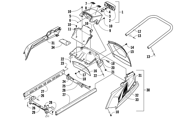 Parts Diagram for Arctic Cat 2013 TZ1 SNOWMOBILE REAR BUMPER, RACK RAIL, SNOWFLAP, AND TAILLIGHT ASSEMBLY