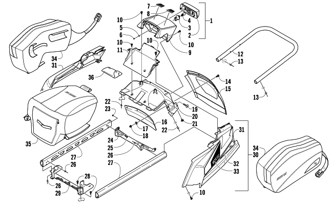 Parts Diagram for Arctic Cat 2013 TZ1 LXR SNOWMOBILE REAR BUMPER, RACK RAIL, SNOWFLAP, AND TAILLIGHT ASSEMBLY