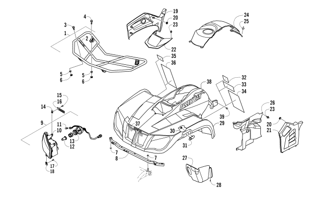 Parts Diagram for Arctic Cat 2013 400 CR ATV FRONT BODY, RACK, AND HEADLIGHT ASSEMBLY