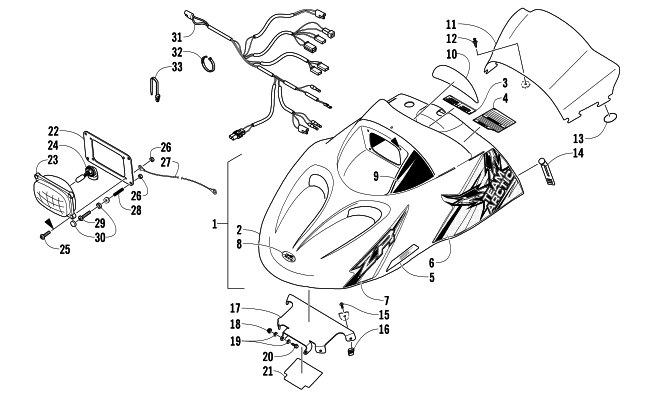 Parts Diagram for Arctic Cat 2014 ZR 120 SNOWMOBILE HOOD, HEADLIGHT, AND WINDSHIELD ASSEMBLY