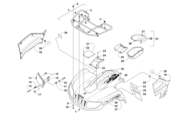 Parts Diagram for Arctic Cat 2014 700 ATV FRONT RACK, BODY PANEL, AND HEADLIGHT ASSEMBLIES