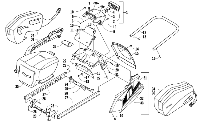 Parts Diagram for Arctic Cat 2014 TZ1 LXR SNOWMOBILE REAR BUMPER, RACK RAIL, SNOWFLAP, AND TAILLIGHT ASSEMBLY
