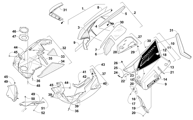 Parts Diagram for Arctic Cat 2015 PANTERA 7000 SNOWMOBILE SKID PLATE AND SIDE PANEL ASSEMBLY