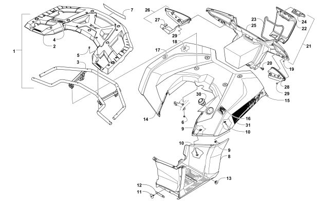 Parts Diagram for Arctic Cat 2015 XR 700 ATV REAR RACK, BODY PANEL, FOOTWELL, AND TAILLIGHT ASSEMBLIES