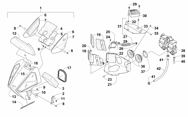 Parts Diagram for Arctic Cat 2015 ZR 6000 R SX SNOWMOBILE AIR SILENCER, CARBURETOR, AND FUEL PUMP ASSEMBLY