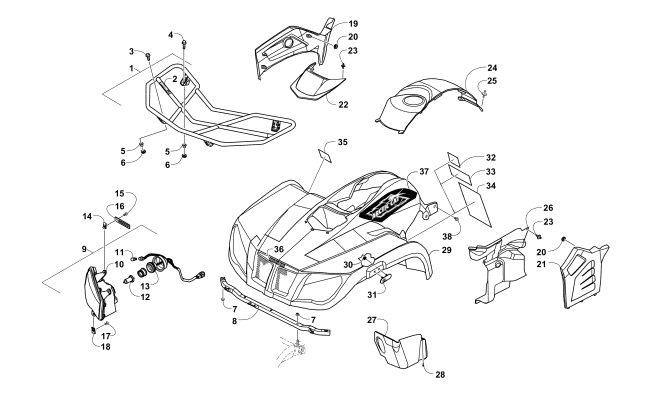 Parts Diagram for Arctic Cat 2015 400 CR ATV FRONT BODY, RACK, AND HEADLIGHT ASSEMBLY