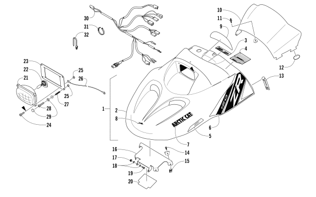 Parts Diagram for Arctic Cat 2016 ZR 120 SNOWMOBILE HOOD, HEADLIGHT, AND WINDSHIELD ASSEMBLY
