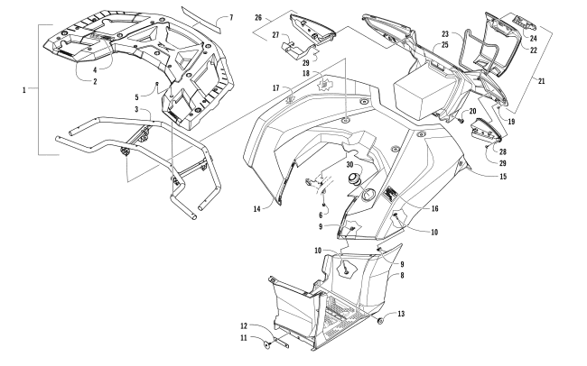 Parts Diagram for Arctic Cat 2016 ALTERRA 550 ATV REAR RACK, BODY PANEL, FOOTWELL AND TAILLIGHT ASSEMBLIES