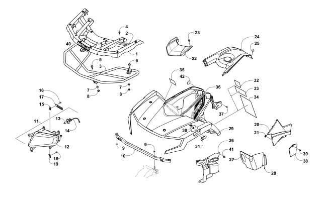 Parts Diagram for Arctic Cat 2016 ALTERRA 400 ATV FRONT BODY, RACK, AND HEADLIGHT ASSEMBLY