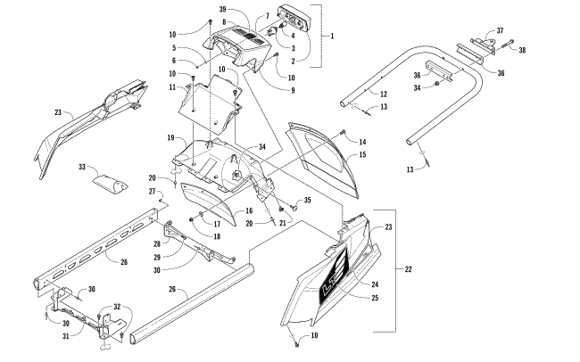 Parts Diagram for Arctic Cat 2017 BEARCAT 2000 LT SNOWMOBILE REAR BUMPER, HITCH, RACK RAIL, SNOWFLAP, AND TAILLIGHT ASSEMBLY