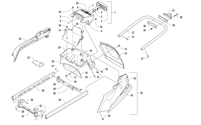 Parts Diagram for Arctic Cat 2018 BEARCAT 2000 LT SNOWMOBILE REAR BUMPER, HITCH, RACK RAIL, SNOWFLAP, AND TAILLIGHT ASSEMBLY