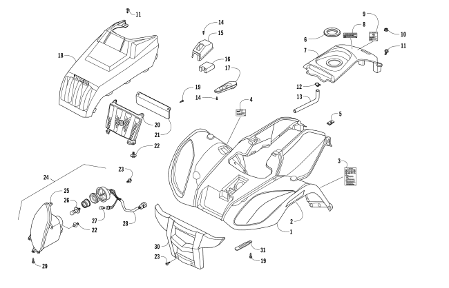 Parts Diagram for Arctic Cat 2018 150 UTILITY ATV FRONT BODY PANEL AND HEADLIGHT ASSEMBLIES