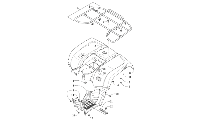 Parts Diagram for Arctic Cat 2018 ALTERRA VLX 700 ATV REAR RACK, BODY PANEL, AND FOOTWELL ASSEMBLIES