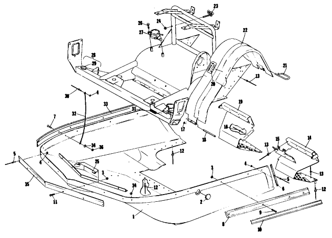 Parts Diagram for Arctic Cat 1977 EL TIGRE 5000 SNOWMOBILE BELLY PAN AND FRONT FRAME