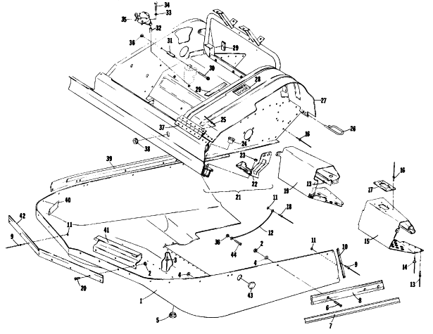 Parts Diagram for Arctic Cat 1977 PANTERA F/C SNOWMOBILE BELLY PAN AND FRONT FRAME