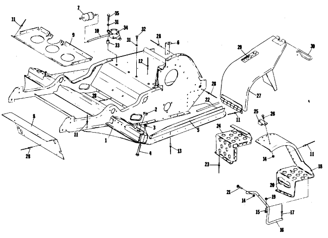 Parts Diagram for Arctic Cat 1977 Z 440 SNOWMOBILE BELLY PAN AND FRONT FRAME