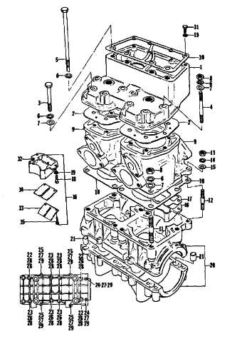 Parts Diagram for Arctic Cat 1977 CROSS COUNTRY CAT SNOWMOBILE CRANKCASE AND CYLINDER