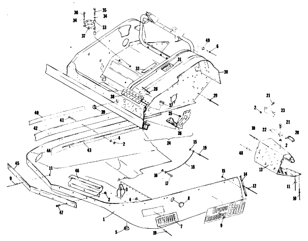 Parts Diagram for Arctic Cat 1977 CROSS COUNTRY CAT SNOWMOBILE BELLY PAN AND FRONT FRAME