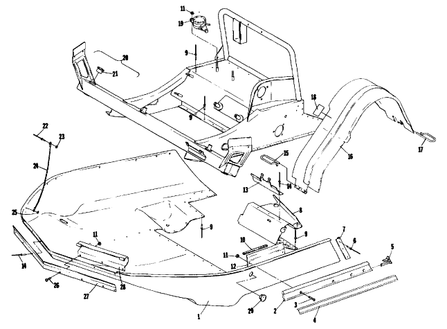 Parts Diagram for Arctic Cat 1978 EL TIGRE' 6000 L/C SNOWMOBILE BELLY PAN AND FRONT FRAME