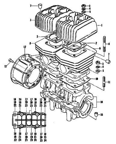 Parts Diagram for Arctic Cat 1980 JAG 2000 F/A SNOWMOBILE CRANKCASE AND CYLINDER