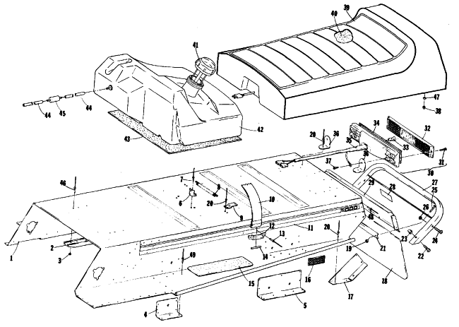Parts Diagram for Arctic Cat 1979 JAG 3000 F/A SNOWMOBILE BODY, GAS TANK, TAILLIGHT & SEAT