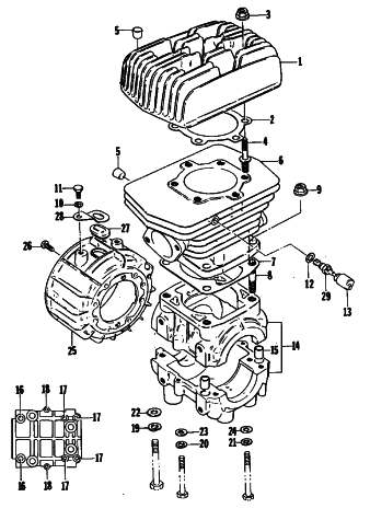 Parts Diagram for Arctic Cat 1980 LYNX SINGLE SNOWMOBILE CRANKCASE AND CYLINDER