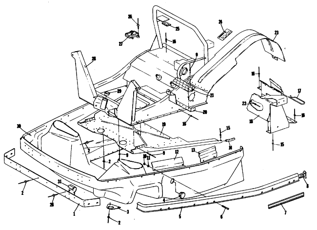 Parts Diagram for Arctic Cat 1980 TRAIL CAT 3000 SNOWMOBILE BELLY PAN AND FRONT FRAME