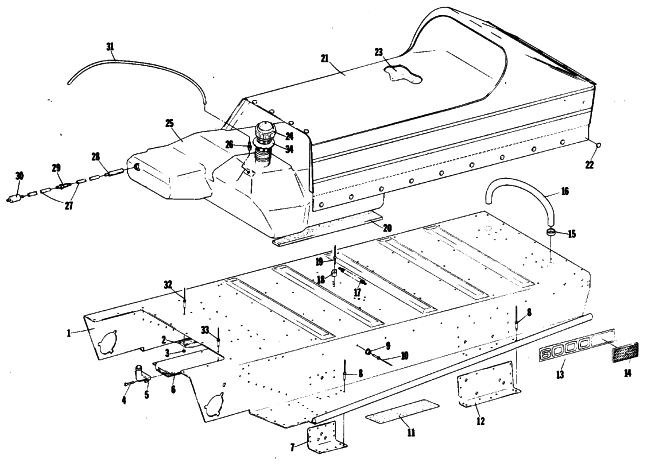 Parts Diagram for Arctic Cat 1980 EL TIGRE F/A SNOWMOBILE TUNNEL, GAS TANK AND SEAT