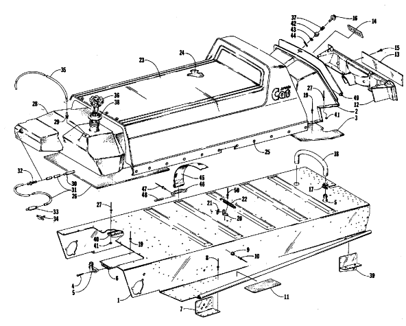 Parts Diagram for Arctic Cat 1987 CHEETAH L/C SNOWMOBILE TUNNEL, GAS TANK, SEAT, AND TOOLBOX