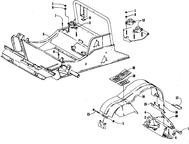 Parts Diagram for Arctic Cat 1987 CHEETAH L/C SNOWMOBILE FRONT FRAME AND FOOTREST ASSEMBLY