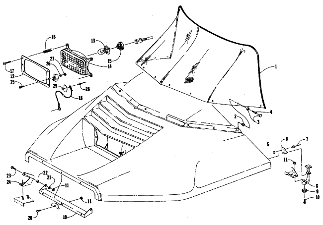 Parts Diagram for Arctic Cat 1987 PANTERA SNOWMOBILE WINDSHIELD, HEADLIGHT, AND HOOD HINGE