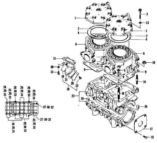 Parts Diagram for Arctic Cat 1987 CHEETAH L/C SNOWMOBILE CRANKCASE AND CYLINDER