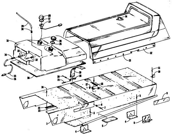 Parts Diagram for Arctic Cat 1987 SUPER JAG SNOWMOBILE BODY, SEAT, AND GAS TANK