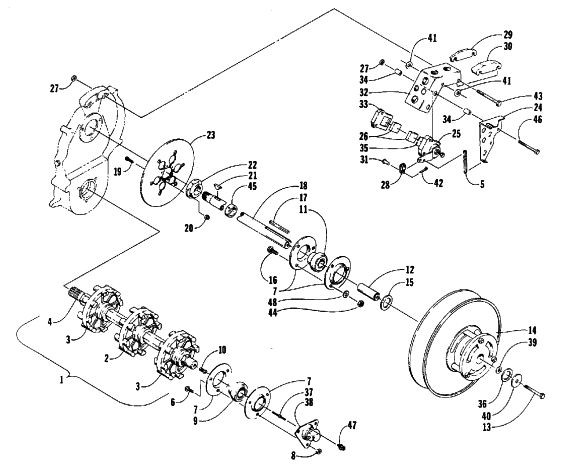 Parts Diagram for Arctic Cat 1988 CHEETAH TOURING (500 F/C) SNOWMOBILE DRIVE TRAIN SHAFTS AND BRAKE ASSEMBLIES