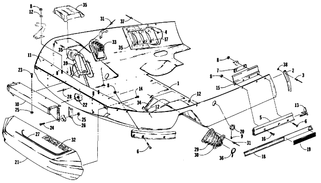 Parts Diagram for Arctic Cat 1988 CHEETAH (530 L/C) SNOWMOBILE BELLY PAN AND NOSE CONE ASSEMBLIES